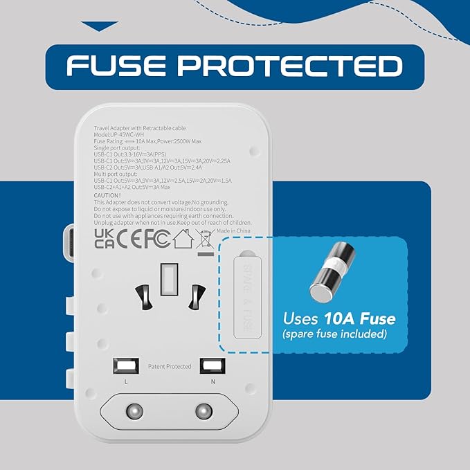 Ceptics 5 in 1 International Travel Adapter with PD 45W Retractable USB-C Cable 65cm, 2X USB-A 2.4A, 1x USB-C 3A, Travel Adapter Worldwide for Laptop, Phones and Cameras for US, EU, UK, UP-45WC-WH