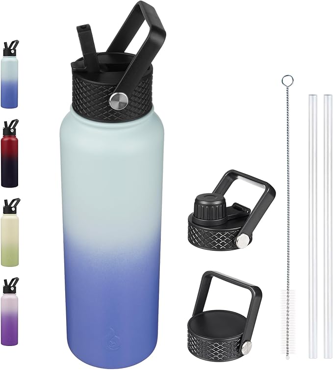 BJPKPK Insulated Water Bottles with Straw Lid, 40oz Cold & Hot Thermo, Stainless Steel Metal Water Bottle with 3 Lids, Reusable Thermo, Cups, Mugs, Tumblers -Sky