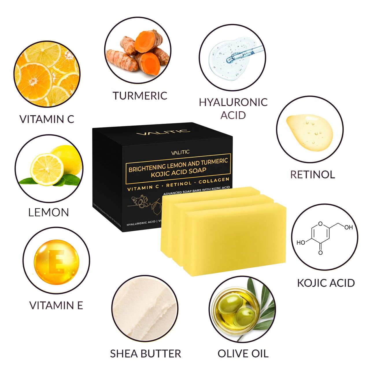 VALITIC Brightening Lemon & Turmeric Kojic Acid Soap with Vitamin C, Retinol, Collagen - Original Japanese Complex Infused with Hyaluronic Acid, Vitamin E, Shea Butter, Castile Olive Oil (3 Pack)