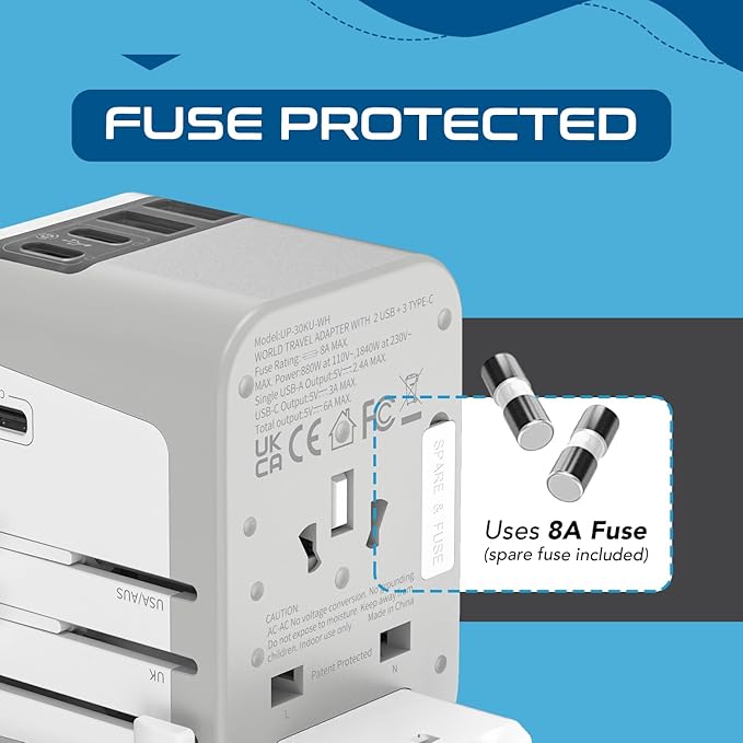 Ceptics 6 in 1 Universal Travel Adapter, Universal Outlet w/ 2X USB-A and 3X USB-C 6A, Travel Power Adapter for use in EU, UK, US, AU and More, Universal Plug for Mobiles, Laptops- UP-30KU-WH