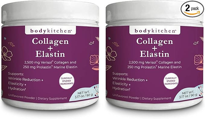 Body Kitchen Collagen and 250 mg Elastin Supplement to Aid Signs of Aging, Support Skin Health & Elasticity, Fewer Wrinkles, Unflavored Powder, Tasteless, Odorless, Colorless, 30 Servings (2 Pack)