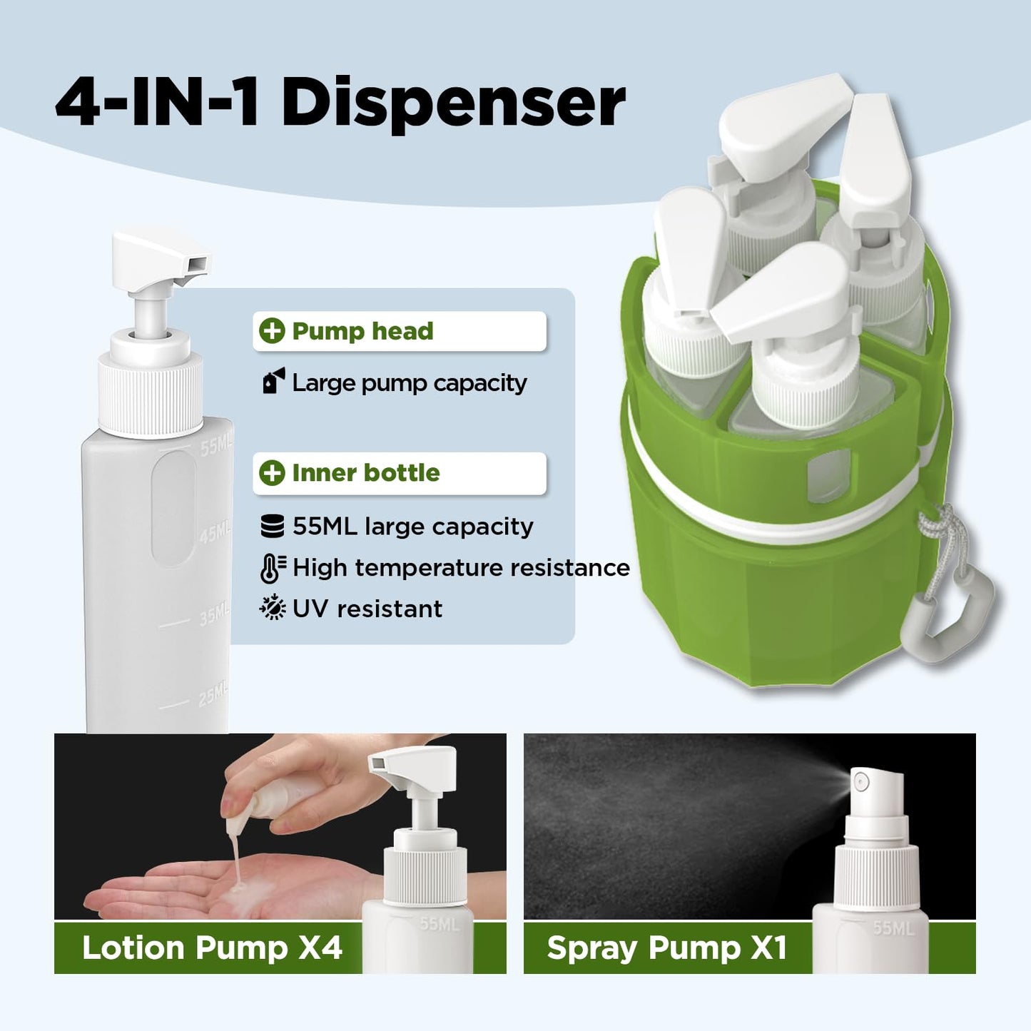 YOTIME 4in1 Travel Bottles Set, Vacuum Silicone Suction Cup for Smooth Walls, TSA Approved Leak Proof Travel Size Containers for Toiletries, Shampoo, Body Wash and Conditioner, Green