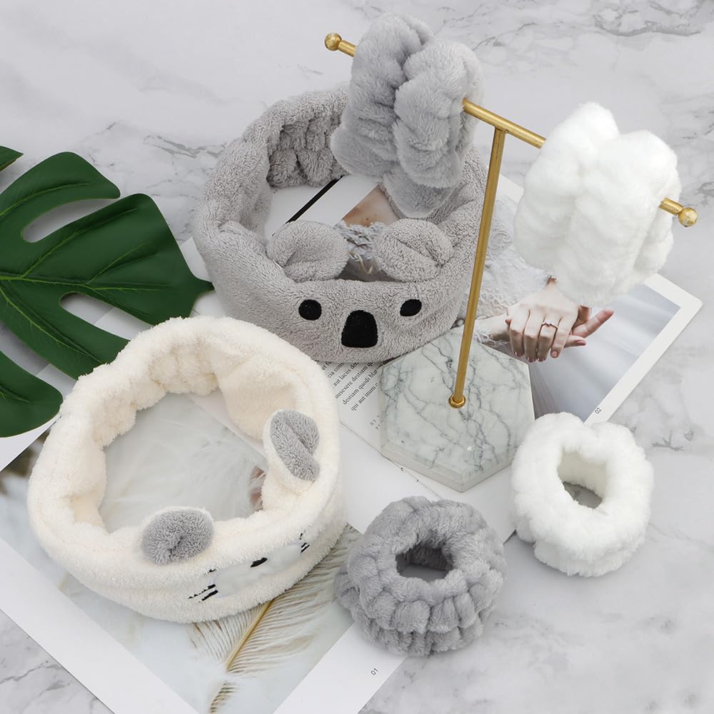 AHONEY Face Wash Headband and Wristband Set, Cute Makeup Spa Skincare Headbands Wrist Bands for Washing Face Headband for Women Girls Elastic Animal Hair Band (White&Grey)