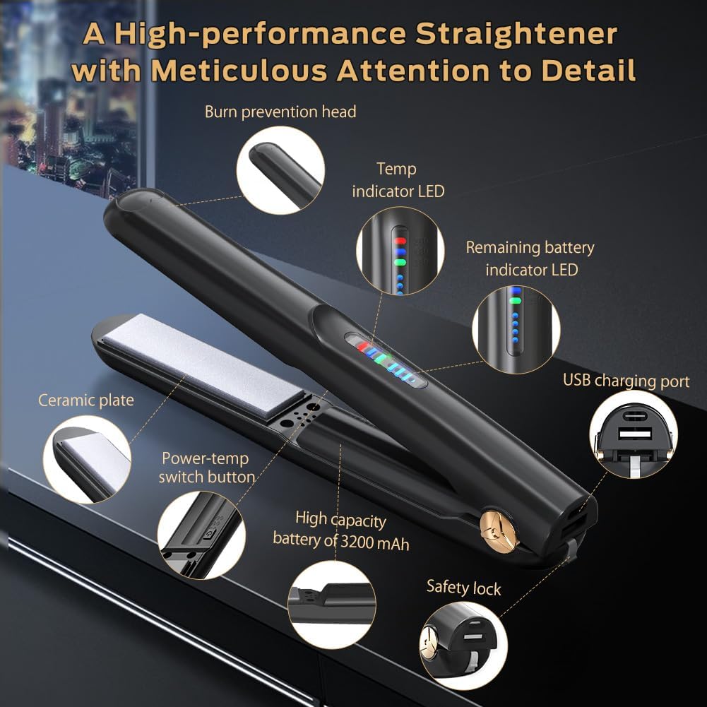 Cordless Hair Straightener and Curler 2 in 1 Ceramic Flat Iron Mini Cordless Portable Travel Hot Tools Straight Curl for Women Men USB Rechargeable with Pouch (Black)