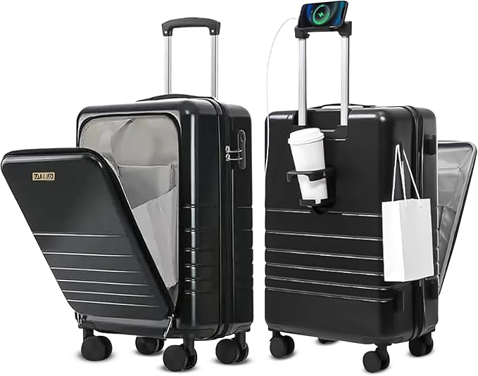 20 Inch Hardside Carry On Luggage with Spinner Wheels, Airline Approved 22x14x9 Carry-On Luggage with Front Pocket (Black)