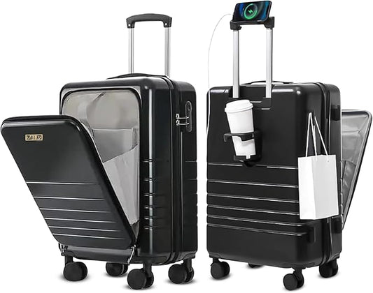 20 Inch Hardside Carry On Luggage with Spinner Wheels, Airline Approved 22x14x9 Carry-On Luggage with Front Pocket (Black)