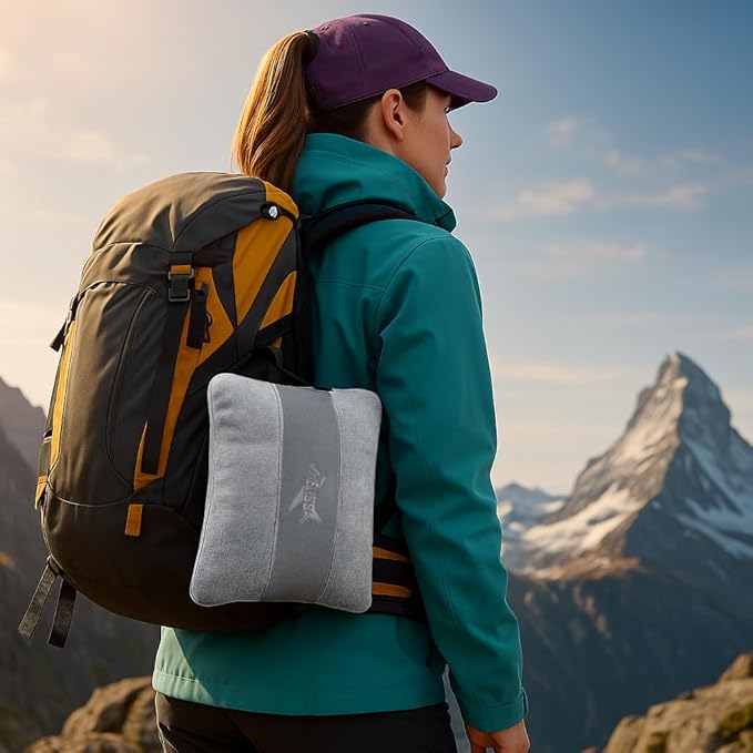 Melissa Large Travel Blanket and Inflatable Pillow Set - 69“ x 43.3” – Soft Blanket with Carry Bag – Lightweight, Compact & Washable for Backpacking, Hiking, Car, Airplane, Office, Camping (Gray)