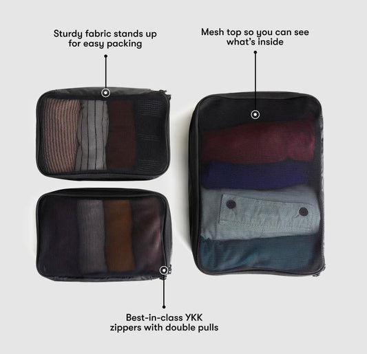Tortuga Packing Cubes, Set of 3, Black - Lightweight Travel Cubes for Packing with Mesh Panels - Two Size Luggage Organizer Bags for Backpacks and Suitcases