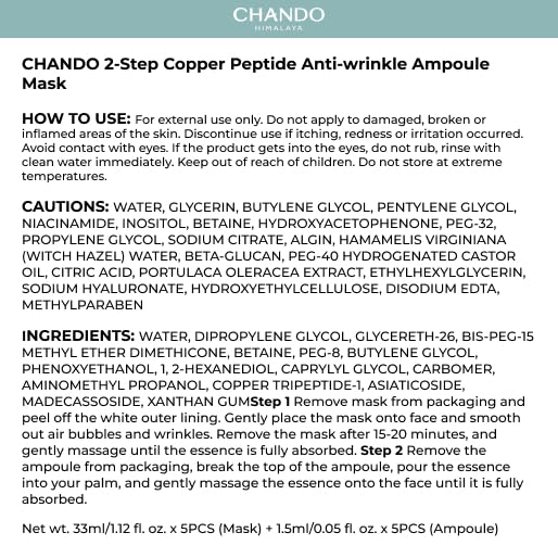 CHANDO HIMALAYA 2-Step Copper Peptide Anti-Wrinkle Ampoule Mask (1.5ml+33mlx5PCS) - Powerful Anti-Wrinkle Mask with Copper Peptides for Firming and Smoother Skin