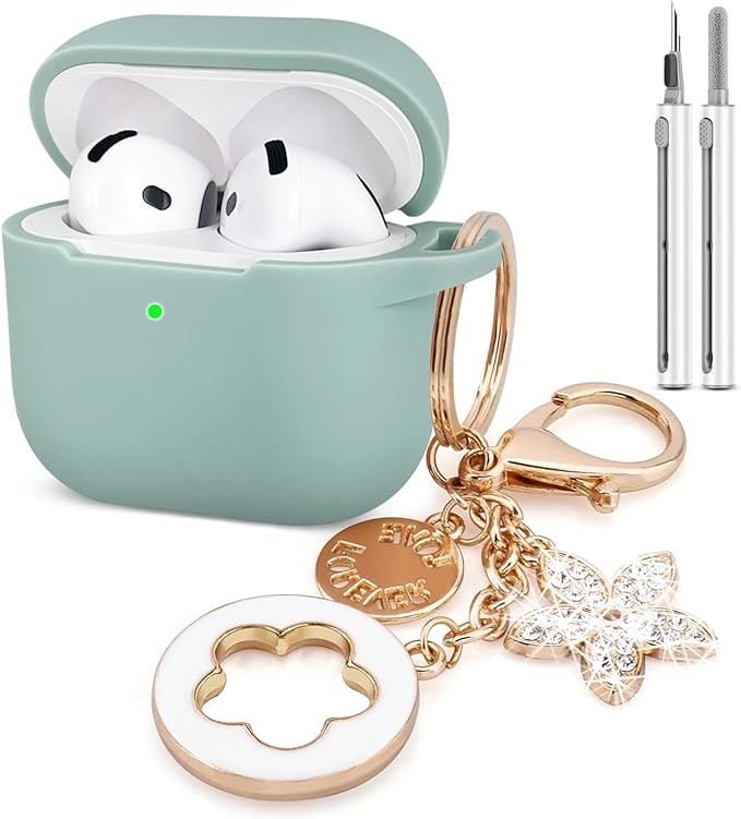 Airpods 4 Cases Silicone Protective Case for Airpod 4 with Bling Keychain for Apple AirPods 4th Generation Wireless Earbuds with Cleaner Kit (Fog Blue)