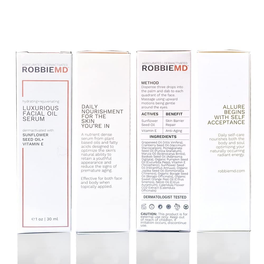 RobbieMD Luxurious Facial Oil Serum, Cold Pressed Organic Sunflower Oil and Vitamin E for Deep Hydration, Soothe Protect Skin Barrier Even Out Skin Tones (1 oz/30 ml)