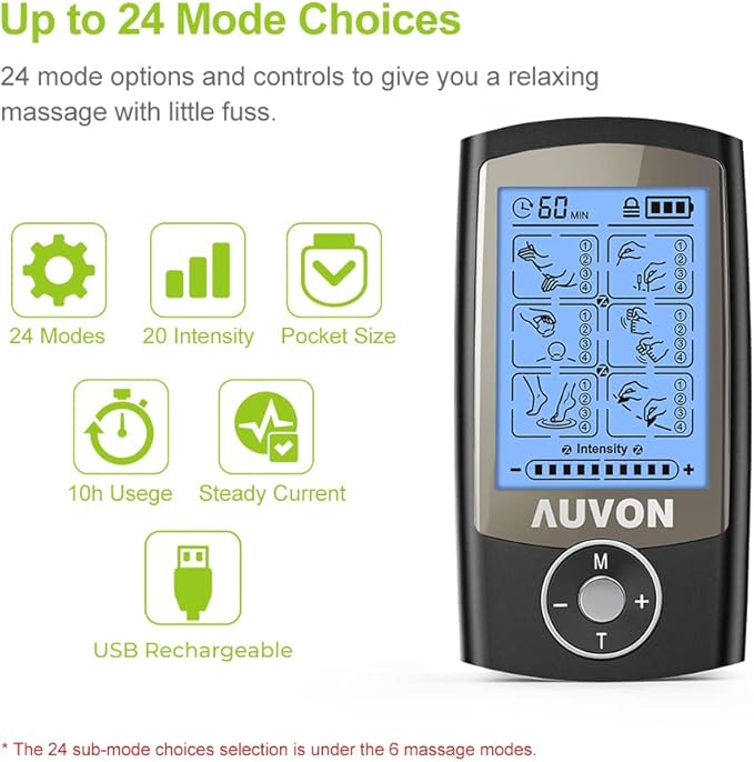 AUVON Rechargeable TENS Unit Muscle Stimulator, 24 Modes 4th Gen TENS Machine with 8pcs 2"x2" Premium Electrode Pads for Pain Relief