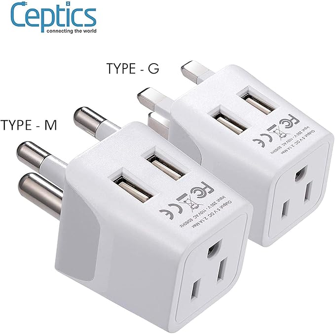 Ceptics South Africa Travel Plug Set - with 2 USB + USA Socket Input - Type M and Type G - Ultra Compact - Safe Grounded Perfect for Cell Phones, Laptops, Camera Chargers