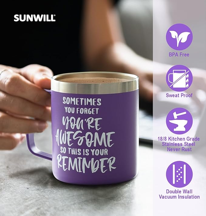 SUNWILL Insulated Coffee Mug with Lid, Birthday Gifts for Women, Stainless Steel Coffee Cup, Inspirational Sometimes You Forget You're Awesome Gifts for Christmas, Graduation, Thank You - 14oz Purple