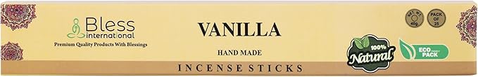 Bless-Vanilla 100%-Natural-Handmade-Hand-Dipped-Incense-Sticks Organic-Chemicals-Charcoal-Free Purification-Relaxation-Positivity-Yoga-Meditation Best-Woods-Scent (25 Sticks (1.4 OZ))