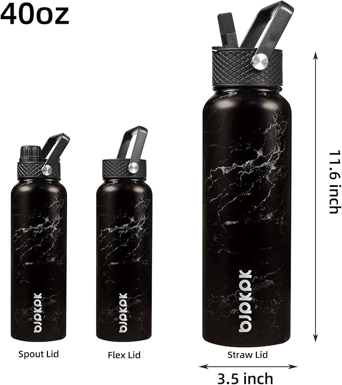 BJPKPK Insulated Water Bottles with Straw Lid, 40oz Stainless Steel Water Bottles with 3 Lids, BPA Free Leakproof Thermo, Tumblers, Cups for Sports, Gym- Midnight