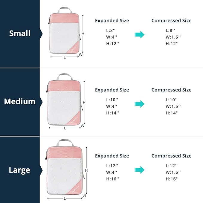 Compression Packing Cubes 3 Set, Compressible Space-Saving Packing Cubes for Travel - Compression Bags, Luggage Organizer, Travel Essentials for Women, Pink