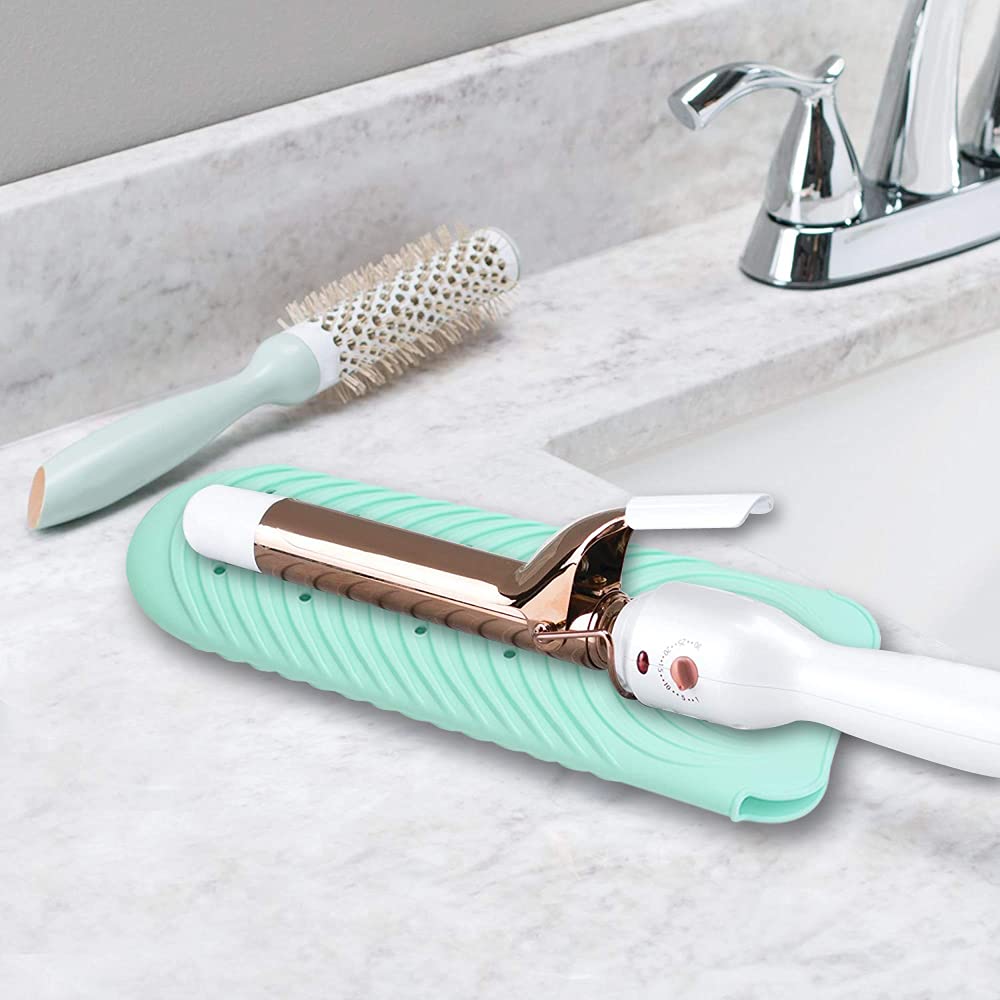 Heat Resistant Mat for Curling Iron, Silicone Flat Iron Mat & Holder for Counter, Portable Travel Curling Iron Mat & Pocket for Hot Hair Styling Tools