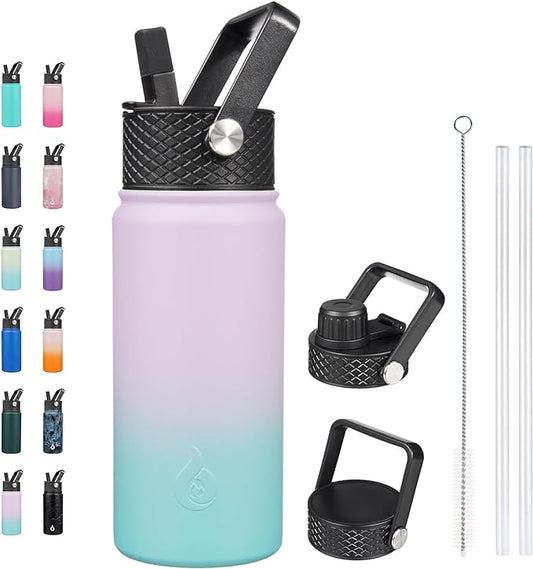BJPKPK Insulated Water Bottles with Straw Lid, 18oz Stainless Steel Metal Water Bottle, Cold Hot Thermo with 3 Lids, Leak Proof BPA Free Travel Cup, Wide Mouth Flasks, Thermo -Lavender Green