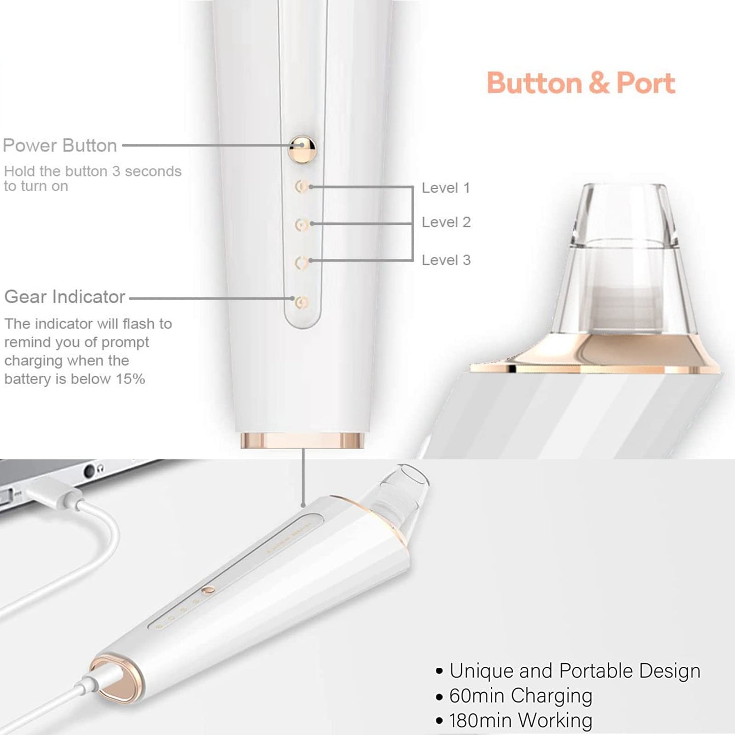 Blackhead Remover Pore Vacuum, Upgraded USB Rechargeable Facial Pore Cleaner Blackhead Removal Kit with 3 Suction Power,5 Probes Black Head Extractions Tool for Women & Men