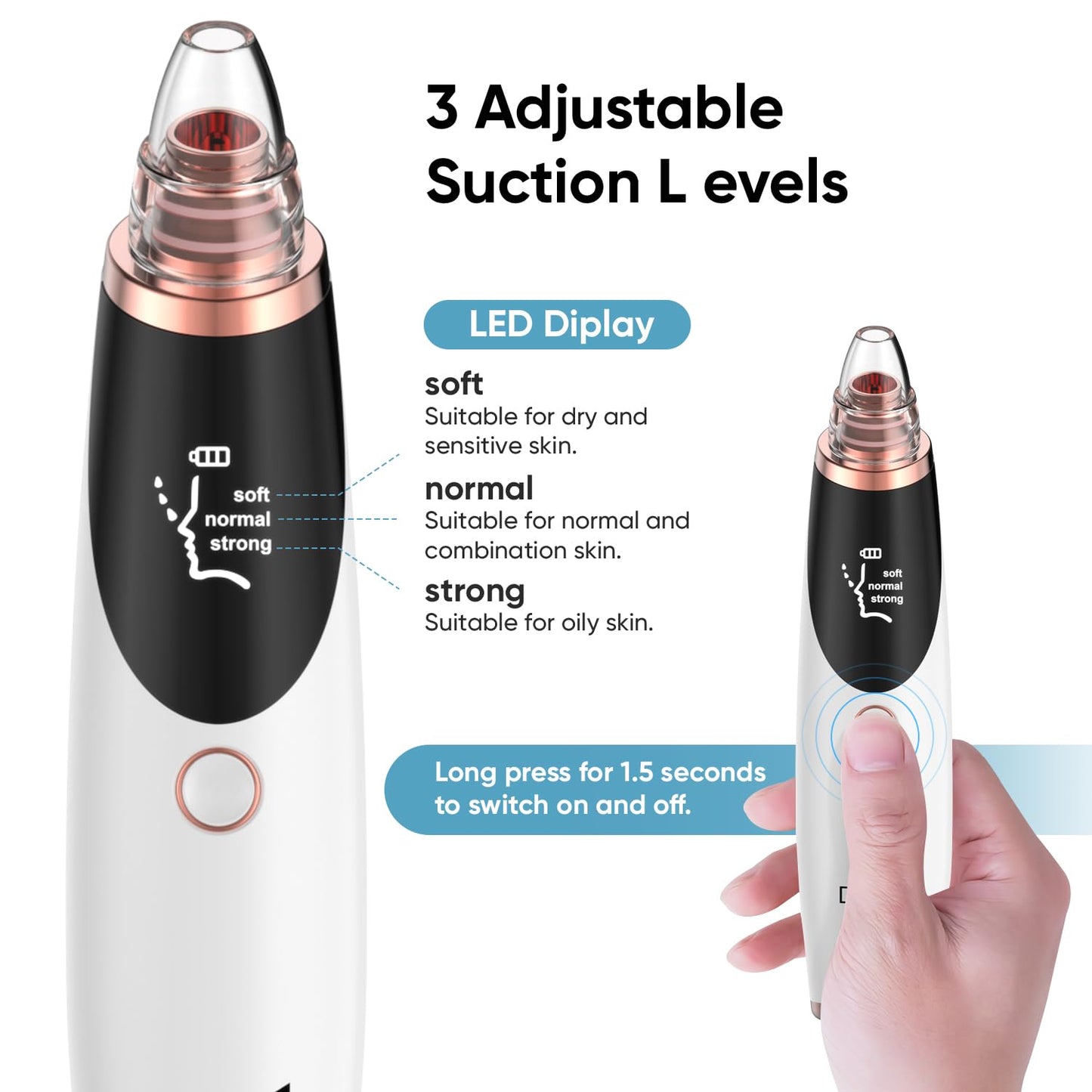 Blackhead Remover Pore Vacuum – 3 Suction Levels & 5 Probes – Facial Cleaner for Nose & Face – Rechargeable Comedone Extractor with LED Display