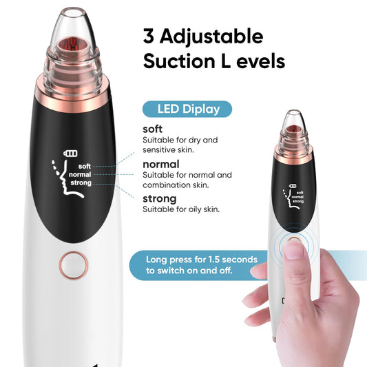 Blackhead Remover Pore Vacuum – 3 Suction Levels & 5 Probes – Facial Cleaner for Nose & Face – Rechargeable Comedone Extractor with LED Display