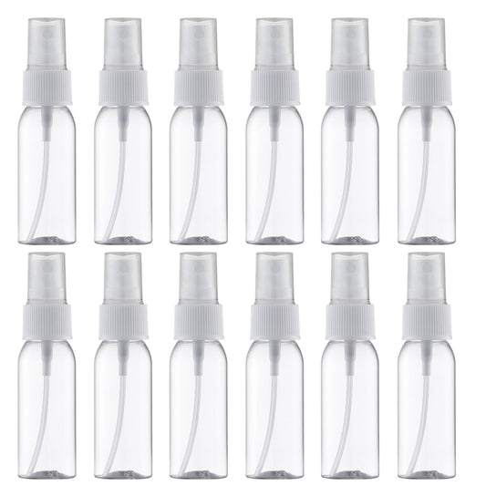 LISAPACK Plastic 1oz Spray Bottles Empty Small Mini Fine Mist Travel Size Atomizer, Tiny Sprayer for Little Perfume, Water, Cologne, Alcohol, Samples (12pcs, clear, 30ml)