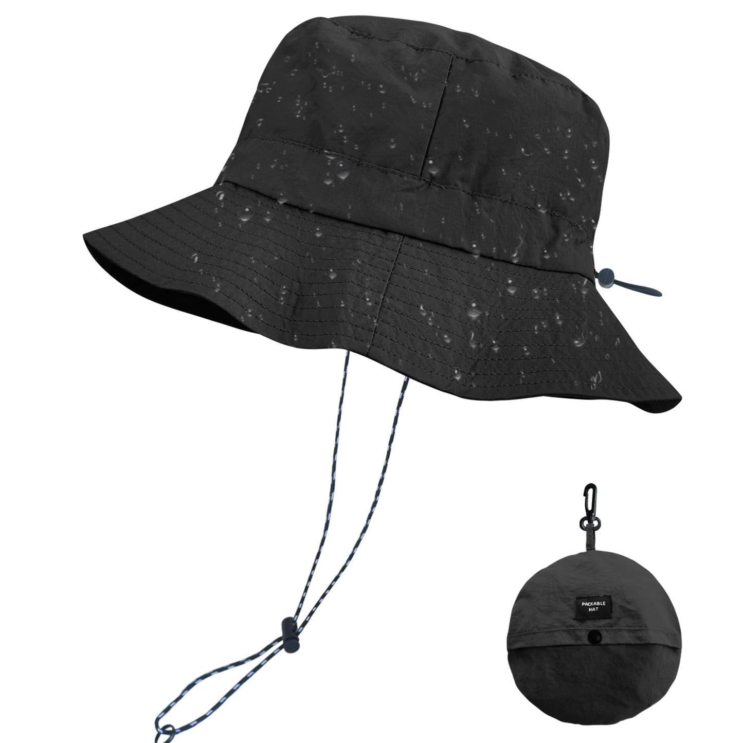 PFFY Quick Dry Waterproof Packable Bucket Hat for Women Men Outdoor Sun Hats with Detachable Chin Strap Black