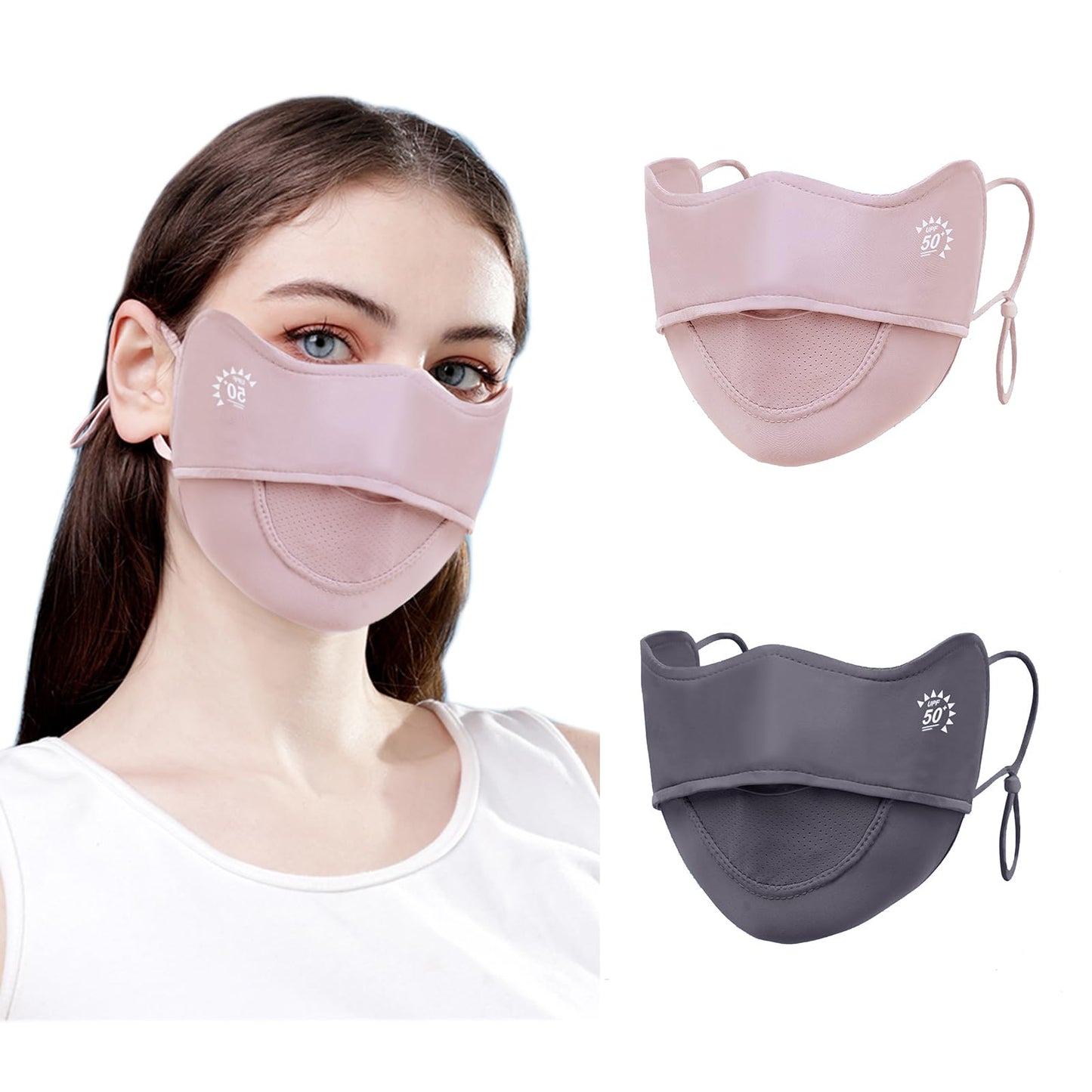 YUANST 2Pcs UV Face Mask, Sun Masks for Women, Cooling Breathable Face Cover for Outdoors, Washable Reusable (Pink+Gray)
