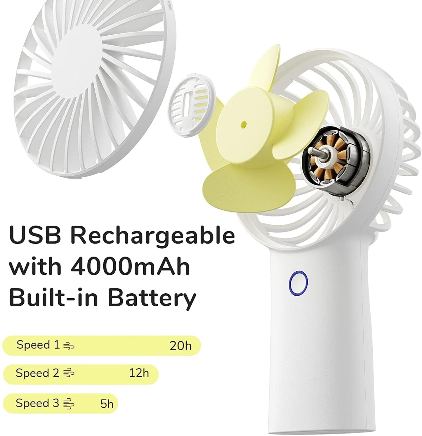 JISULIFE Handheld Fan [20H Max Cooling Time] 4000mAh USB Rechargeable, Battery Operated Portable Fan with 3 Speeds for Travel/Makeup/Office-White
