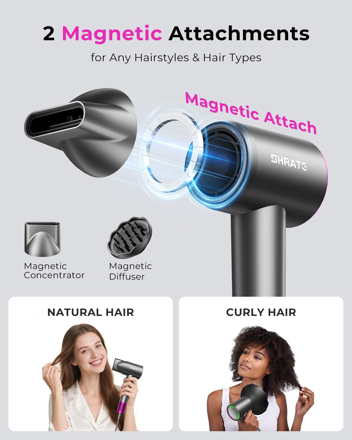 SHRATE Professional High Speed Ionic Hair Dryer | Ultra-Fast Drying | 500 Million Negative Ions | Low Noise Thermo-Control | Compact Blow Dryer with Magnetic Diffuser for Faster Drying All Hair Types