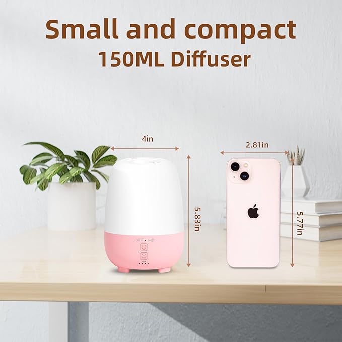 Cordless Essential Oil Diffuser 150ML, Rechargeable Battery, 7H Runtime, 7 LED Lights, Mini Portable Aromatherapy Diffuser for Home, Office, Bathroom, Travel