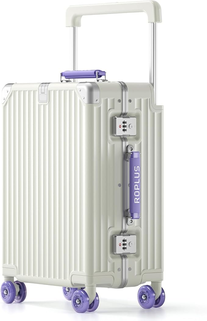 Aluminium Frame Carry on Luggage with Smooth Jelly Wheels, Hardside Zipperless Rolling Suitcase with TSA Lock (WhitePurple, 21-Inch)