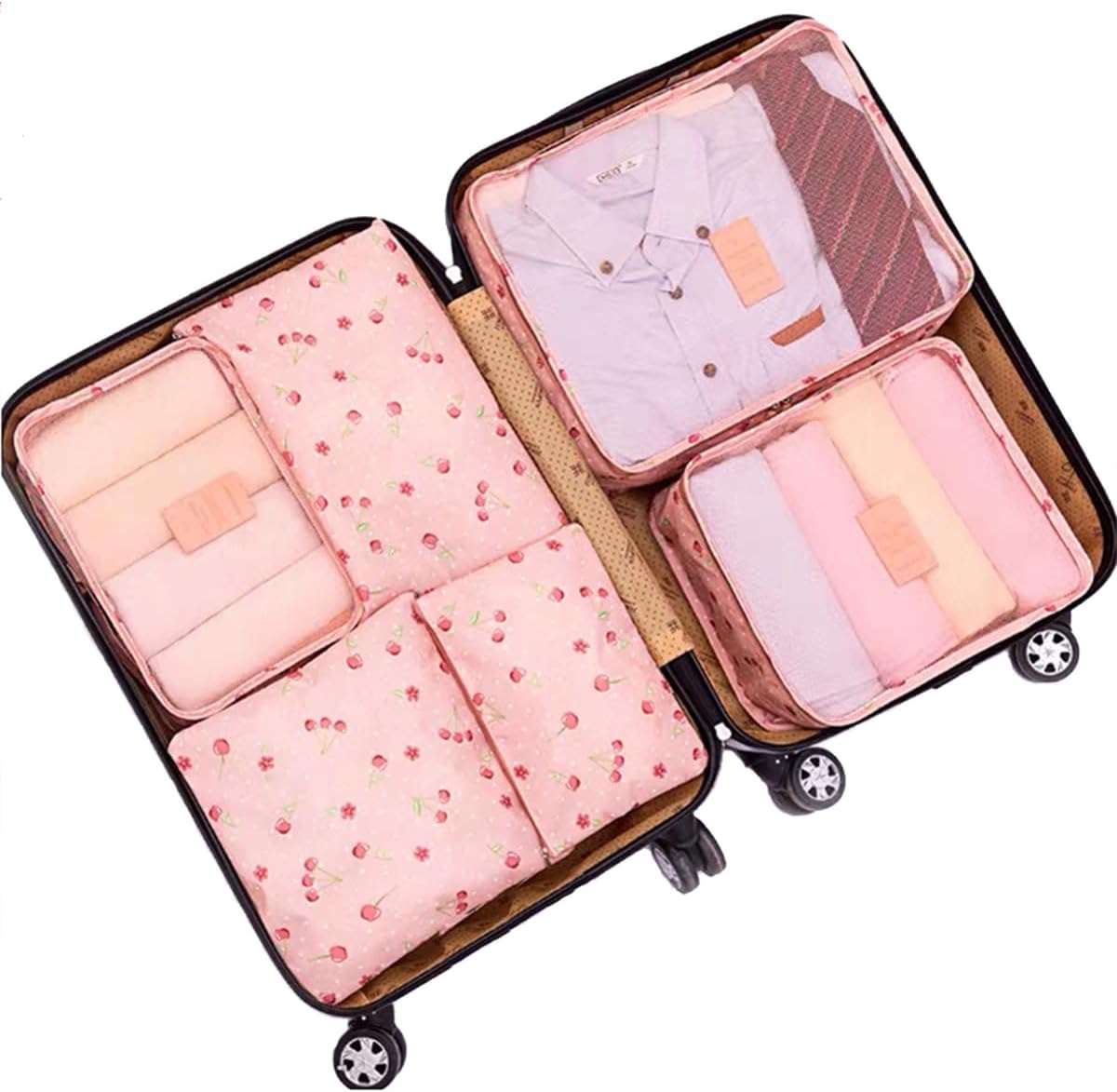 Laebevon 6 PCS Packing Cubes Multi-functional Clothing Sorting Packages Travel Carry On Luggage Organizers Storage Bags Travel Packing Pouches, Pink Cherry