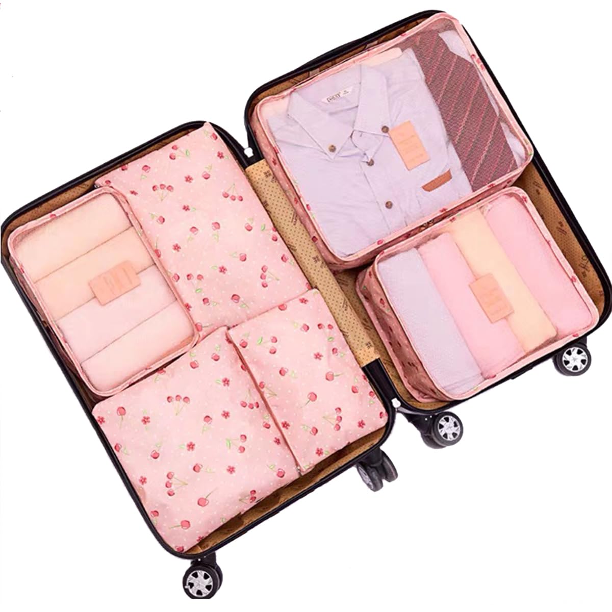 Laebevon 6 PCS Packing Cubes Multi-functional Clothing Sorting Packages Travel Carry On Luggage Organizers Storage Bags Travel Packing Pouches, Pink Cherry