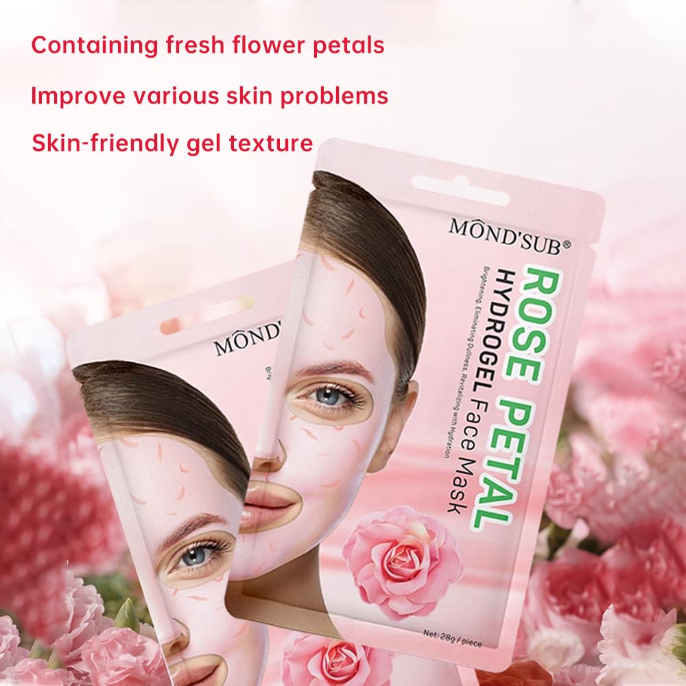 Hydrogel Collagen Sheet Mask with Rose Petal, Instant Brightening Hydrating Face Mask Sheet Mask for Firming, Elasticity Improvement 12-Pack