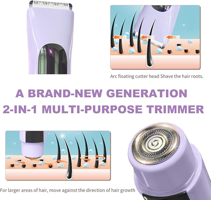 2 in 1 Women Electric Shaver,Dual Head Bikini Trimmer for Women IPX7 Waterproof Wet & Dry Use with Ceramic Blade Trimmer Remover Rechargeable HD Display for Bikini Leg Arm Body Face（Purple）