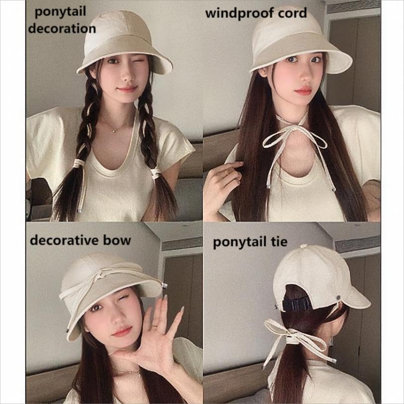 Womens Foldable Sun Hats UV Protection Wide Brim Hiking Hat Ponytail Hats for Women UPF 50 Sun Hat for Women Running Hats Off - White