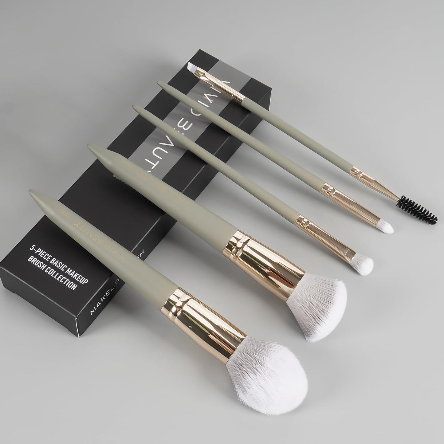 5pcs Travel Makeup Brush Set – Face & Eye Basic Brushes for Powder, Blush, Crease, Eyeshadow, Eyesbrow & Eyelash – Soft, Skin Friendly Synthetic Fiber – Your Make up Essential Brush Kit (Grey)