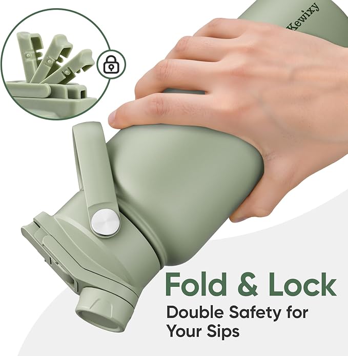 32 oz Insulated Water Bottle, 2-in-1 Lid, Straw & Spout with Protected, Leak Proof, Keep Cold, Stainless Steel, Metal, Reusable, Handle, for Outdoor, Gym and School, 2 Lids, Sage Green