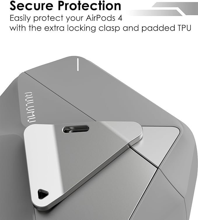 Aulumu A29 Geometric AirPods 4 Case with Lock | Protective Cover with Nylon Buckle | Alloy Armour | Compatible with Apple AirPods 4th (2024) - Grey