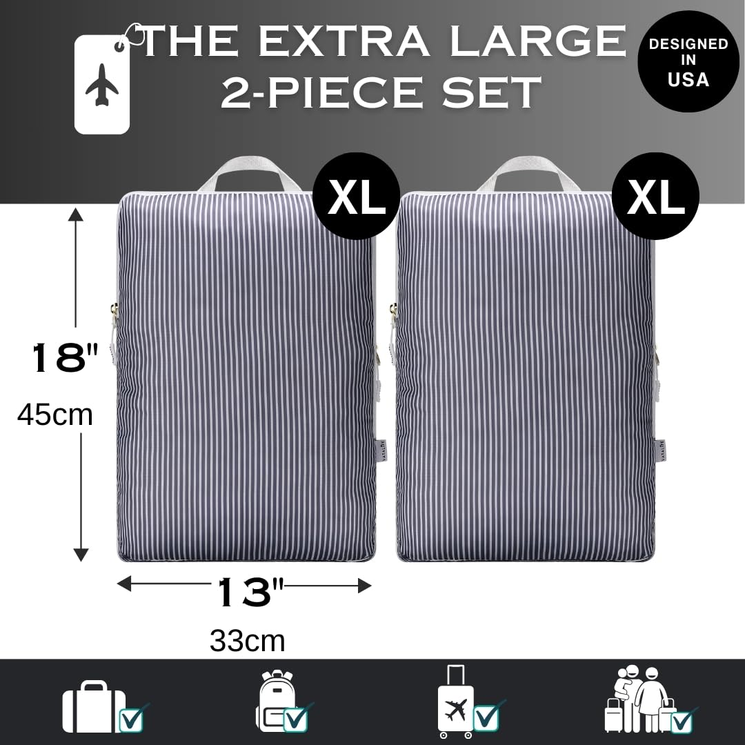 Extra Large Compression Packing Cubes for Checked Luggage, Lightweight Suitcase Organizers & Space Saver Bags - Travel Cubes for Packing - Travel Essentials - 2 Piece Set, X-Large - Grey Stripe