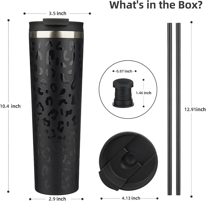BJPKPK 34oz Insulated Tumbler With lid And Straw Stainless Steel Tumblers Travel Coffee Mug Reusable Thermal Cup,Black Leopard