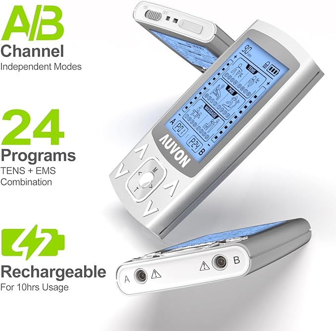 AUVON Dual Channel TENS EMS Unit 24 Modes Muscle Stimulator for Pain Relief, Rechargeable TENS Machine Massager with 12 Pads, ABS Pads Holder, USB Cable and Dust-Proof Storage Bag