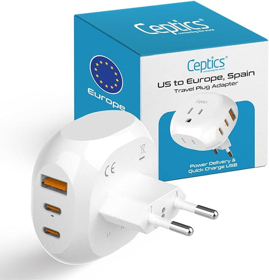 Ceptics European Travel Plug Adapter - 5 Input with 20W PD-QC 3.1A Dual USB-C and USB - Light Weight - USA to Any Type C Countries Such as Italy, Iceland, Austria and More (PTU-9C), White