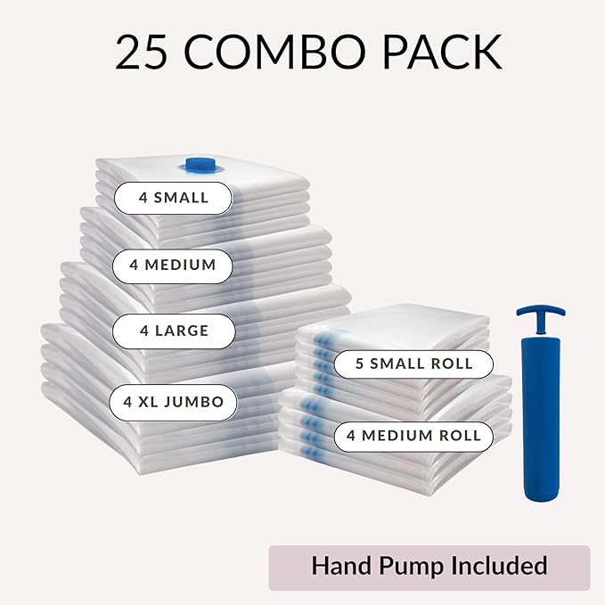 25 Pack Vacuum Storage Bags with Pump, Compression Space Saver for Comforter, Bedding, Blanket Storage, Vacuum Seal Bags for Clothing, Luggage and Closet Organizer