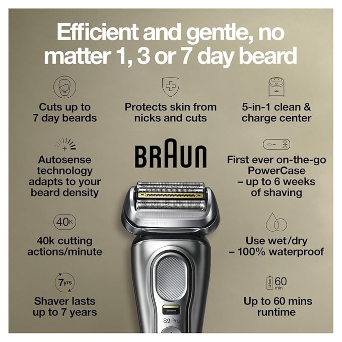Braun Electric Razor for Men, Waterproof Foil Shaver, Series 9 Pro 9477cc, Wet & Dry Shave, with Portable Charging Case, ProLift Beard Trimmer, 5-in-1 Cleaning & Charging SmartCare Center, Silver
