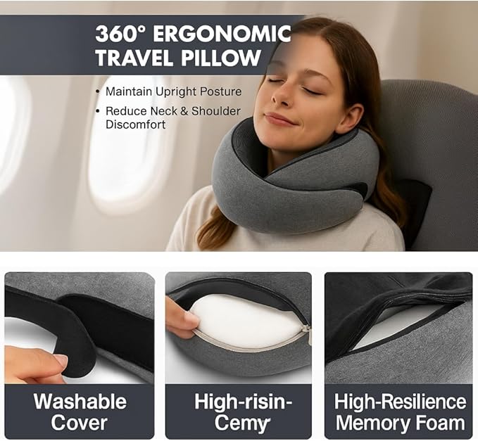 Neck Pillow Set for Travel, Flight, or Car (Incl. Sleep-mask, Ear-Plug) (Dark Grey)