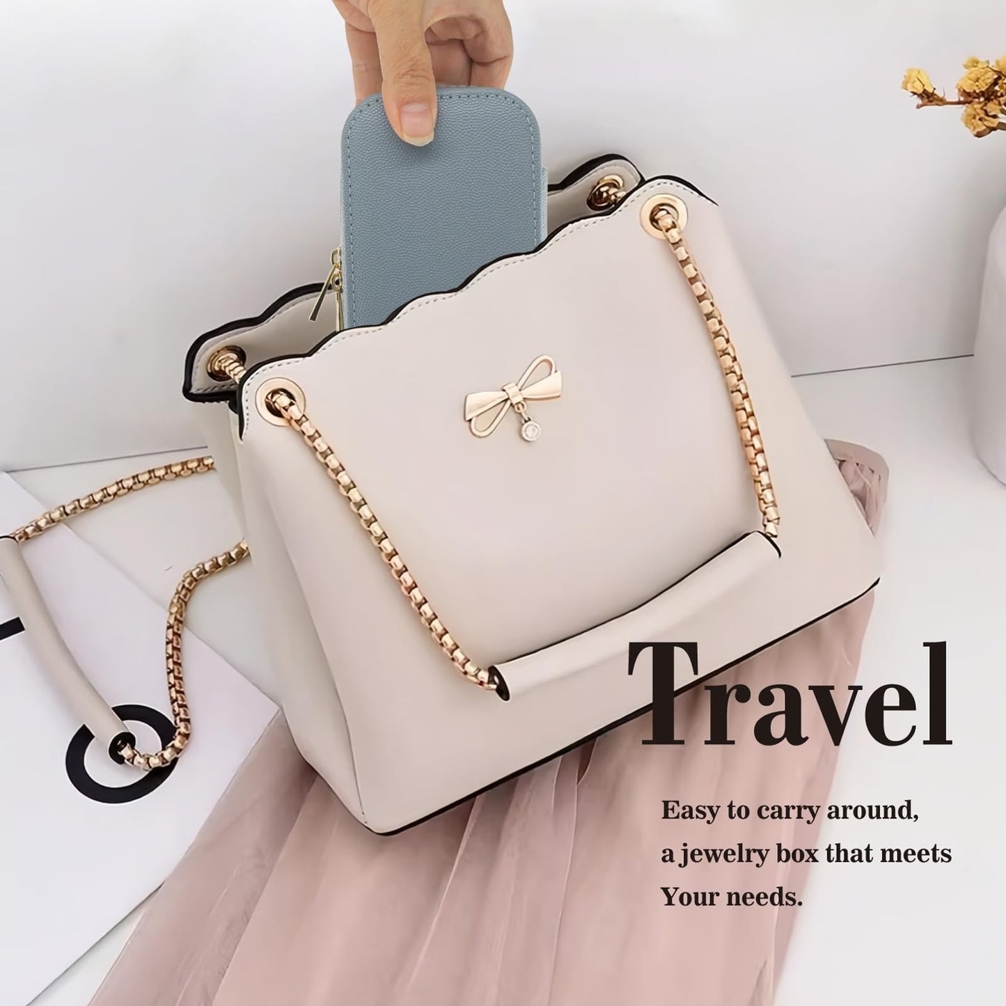 Betviv Travel Jewelry Box, Small Blue Case for Business Travel, PU Leather Compact Size, Curated Storage for Daily Jewelry | Dual-Zipper & Hidden Compartment | Anti-Tarnish Protection