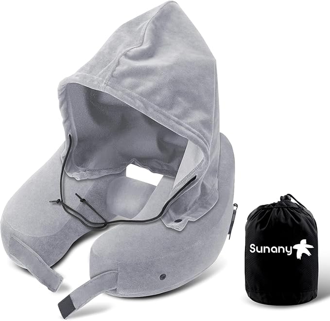 Sunany Neck Pillow for Travel Inflatable Airplane Pillow Comfortably Supports Head,Neck and Chin,Inflatable Travel Pillow with Soft Velour Cover,Hat,Portable Drawstring Bag (Grey)
